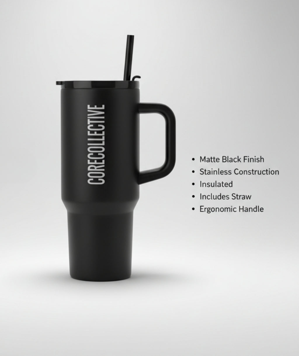Shop the CORECOLLECTIVE Flask, a sleek, matte black insulated bottle designed for a minimalist lifestyle. Keeps drinks hot or cold for hours.