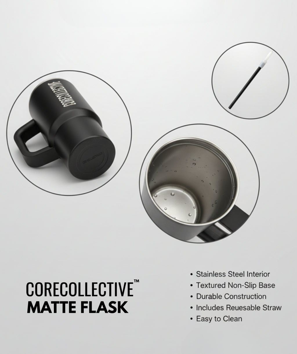 Shop the CORECOLLECTIVE Flask, a sleek, matte black insulated bottle designed for a minimalist lifestyle. Keeps drinks hot or cold for hours.