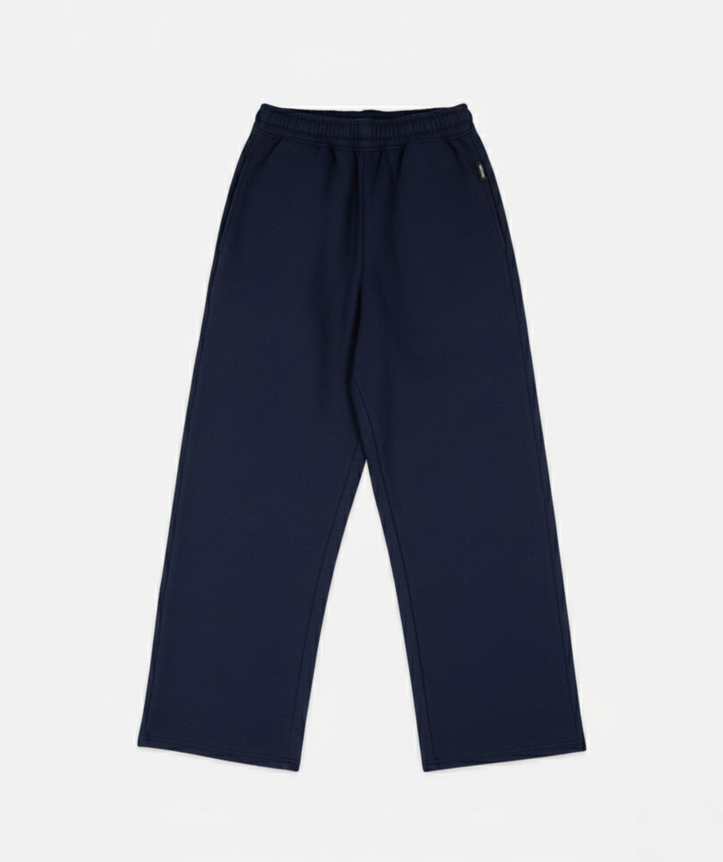 Closeup of the texture of navy cotton fleece sweatpants.